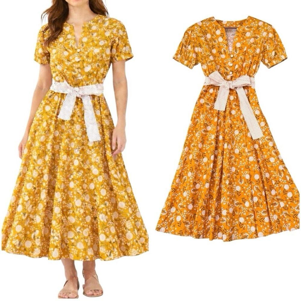 Mustard Yellow Floral Midi Dress Boho Cottagecore A-Line Elastic Waist Tie Belt